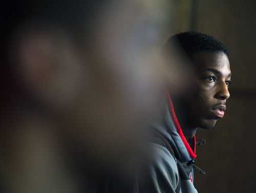 Steve Griffin  |  The Salt Lake Tribune

Delon Wright talks with reporters during media day at the Huntsman Center on the University of Utah campus in Salt Lake City, Monday, October 6, 2014.