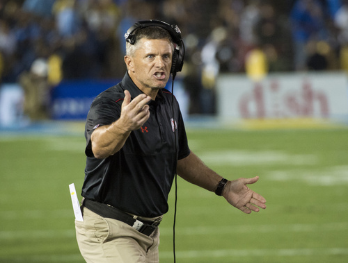 Rick Egan  |  The Salt Lake Tribune

Utah Utes head coach Kyle Whittingham pleads with the officials after they rule that a roughing-the-kicker penalty will give UCLA a second chance to win the game with no time remaining in Pac-12 action Utah vs UCLA at the Rose Bowl in Pasadena, Saturday, October 4, 2014
