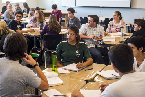 Chris Detrick  |  The Salt Lake Tribune
Junior Sabrina Rowland, center, listens during Afton Brown's AP calculus class at Hillcrest High School Wednesday October 8, 2014.