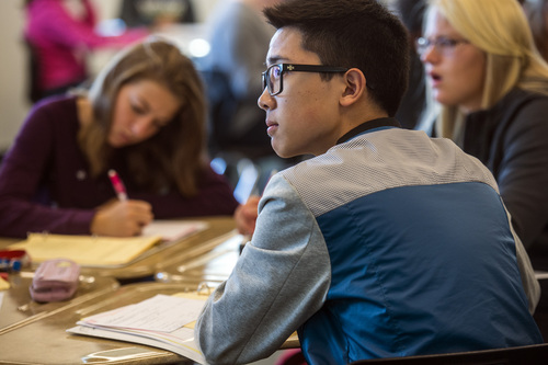 Chris Detrick  |  The Salt Lake Tribune
Senior Mauricio Jim listens in Afton Brown's AP calculus class at Hillcrest High School Wednesday October 8, 2014.