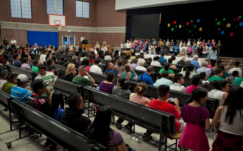 (Michael Mangum  |  Special to the Tribune)

Parkview Elementary second-graders prepare to sing a musical number before the beginning of a public meeting of the Salt Lake City Council at Parkview Elementary School on Tuesday, October 7, 2014.