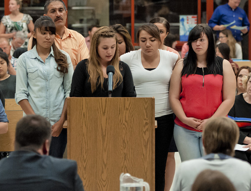 (Michael Mangum  |  Special to the Tribune)

Horizonte Mainsite sophomore Saddie Vigil reads a prepared essay with her peers to Salt Lake City Council members during a public meeting at Parkview Elementary School on Tuesday, October 7, 2014.