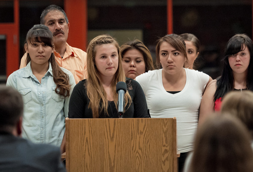 (Michael Mangum  |  Special to the Tribune)

Horizonte Mainsite sophomore Saddie Vigil reads a prepared essay with her peers to members of the Salt Lake City Council during a public meeting at Parkview Elementary School on Tuesday, October 7, 2014.