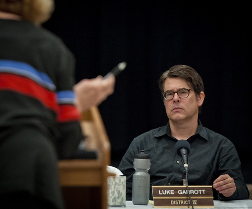 (Michael Mangum  |  Special to the Tribune)

Salt Lake City Councilman Luke Garrott listens to residents speak during a public meeting at Parkview Elementary School on Tuesday, October 7, 2014.