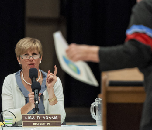 (Michael Mangum  |  Special to the Tribune)

Salt Lake City Councilwoman Lisa Adams speaks during a public meeting  at Parkview Elementary School on Tuesday, October 7, 2014.