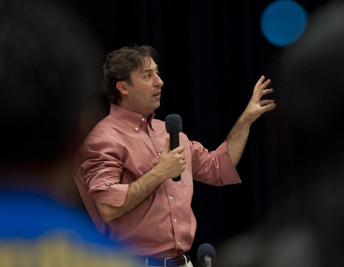 (Michael Mangum  |  Special to the Tribune)
Salt Lake City Councilman Kyle LaMalfa speaks during a public meeting at Parkview Elementary School on Tuesday, October 7, 2014.