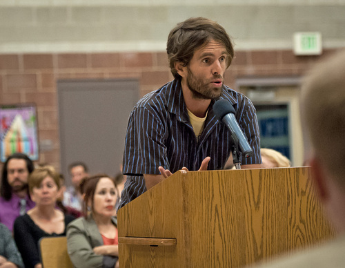 (Michael Mangum  |  Special to the Tribune)

Giles Larsen, an eight-year resident of Glendale, speaks during a public meeting of the Salt Lake City Countil held at Parkview Elementary School on Tuesday, October 7, 2014.