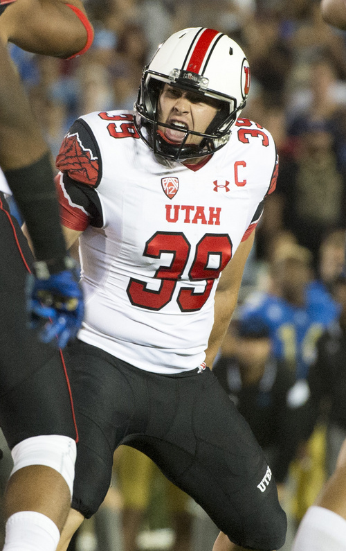 Rick Egan  |  The Salt Lake Tribune

Utah place kicker Andy Phillips (39) reacts as his field goal gives the Utes a 30-28 lead with 34 seconds left in the game at the Rose Bowl in Pasadena, Saturday, October 4, 2014