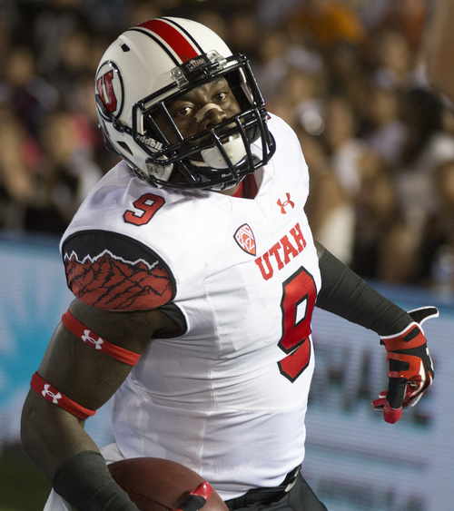 Rick Egan  |  The Salt Lake Tribune

 Ute defensive back Tevin Carter (9) intercepts a UCLA pass and runs for a touchdown, as the Utah Utes  vs. UCLA Bruins, at the Rose Bowl in Pasadena, Saturday, October 4, 2014