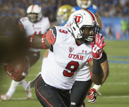 Rick Egan  |  The Salt Lake Tribune

 Ute defensive back Tevin Carter (9) intercepts a UCLA pass and runs for a touchdown, as the Utah Utes  vs. UCLA Bruins, at the Rose Bowl in Pasadena, Saturday, October 4, 2014