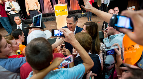 Trent Nelson  |  The Salt Lake Tribune
Mitt Romney works the crowd after speaking at a rally to support Mia Love, who is running as a Republican in Utah's 4th Congressional District. Wednesday October 8, 2014 at Thanksgiving Point.