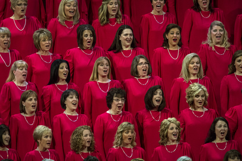 Chris Detrick  |  The Salt Lake Tribune
Members of the Mormon Tabernacle Choir perform during the morning session of the 184th Semiannual General Conference of The Church of Jesus Christ of Latter-day Saints at the Conference Center in Salt Lake City Saturday October 4, 2014.