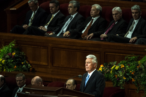 Chris Detrick  |  The Salt Lake Tribune
President Dieter F. Uchtdorf, second counselor in the First Presidency, speaks during the afternoon session of the 184th Semiannual General Conference of The Church of Jesus Christ of Latter-day Saints at the Conference Center in Salt Lake City Saturday October 4, 2014.