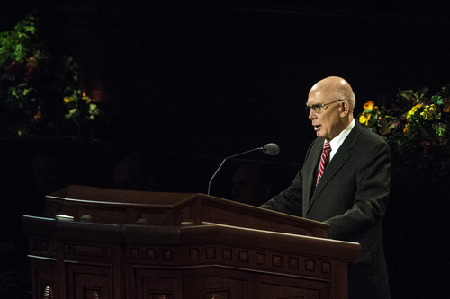 Chris Detrick  |  The Salt Lake Tribune
Dallin H. Oaks, Quorum of the Twelve Apostles, speaks during the afternoon session of the 184th Semiannual General Conference of The Church of Jesus Christ of Latter-day Saints at the Conference Center in Salt Lake City Saturday October 4, 2014.
