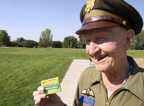 Rick Egan  | Tribune file photo 

Col. Gail Halvorsen, the "candy bomber" always has Doublemint gum in his pocket, as he talks about his flights over Berlin at Morgan Elementary where he dropped 800 candy bombs in a reenactment of the historical world event, Friday, September 7, 2012.