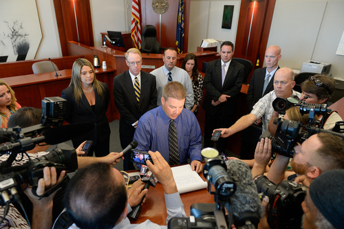 Francisco Kjolseth  |  The Salt Lake Tribune
Former West Valley City police officer Shaun Cowley gives a statement to the media following the ruling by Judge L.A. Dever that he will not have to stand trial on Thursday, Oct. 9, 2014. Cowley was being charged with second-degree felony manslaughter in connection with the Nov. 2, 2012 fatal shooting of 21-year-old Danielle Willard.