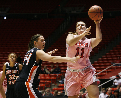 Scott Sommerdorf   |  The Salt Lake Tribune
Utah's Taryn Wicijowski goes up for two of her six points in the Utah win over OSU. Utah beat Oregon State 66-40, Sunday, February 10, 2013.
