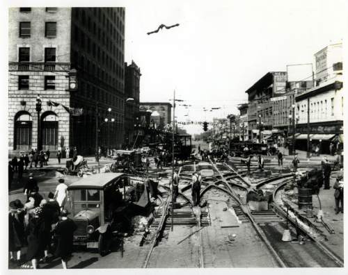 Tribune file photo

Trolley lines are torn up along 200 South in this photo from 1928.