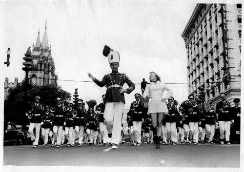 Tribune file photo

The University of Utah Marching Band performs on State Street in 1950.