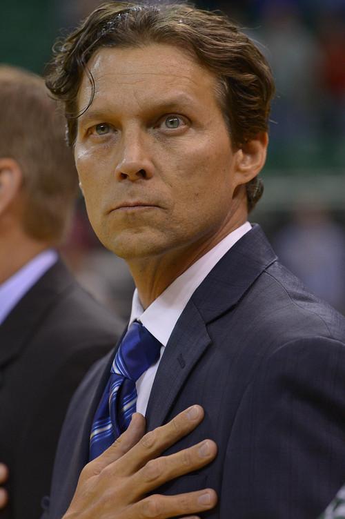 Leah Hogsten  |  The Salt Lake Tribune
Utah Jazz head coach Quin Snyder makes his coaching debut against the Portland Blazers, during Tuesday, October 7, 2014 preseason opener at Energy Solutions Arena.