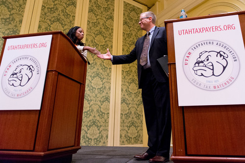 Trent Nelson  |  The Salt Lake Tribune
Utah 4th Congressional District Candidates Mia Love and Doug Owens shake hands following their debate at the annual Utah Taxes Now Conference at the Grand America Hotel in Salt Lake City Tuesday May 20, 2014.