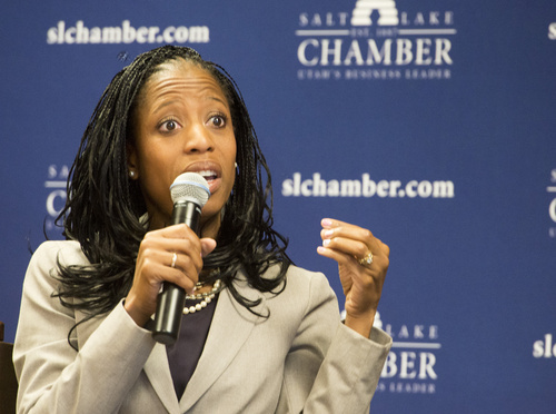 Rick Egan  |  The Salt Lake Tribune

Fourth District candidate Mia Love, answers questions separately from her opponent, Doug Owens, at the Salt Lake Chamber of Commerce, Thursday, September 25, 2014.  Love declined to participate in a joint event and asked to appear first.