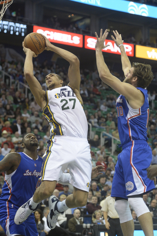 Rick Egan  |  The Salt Lake Tribune

Utah Jazz center Rudy Gobert (27) gets past Los Angeles Clippers forward Spencer Hawes (10) for two points, in NBA action, Utah Jazz vs. The LA Clippers at EnergySolutions Arena, Monday, October 13, 2014