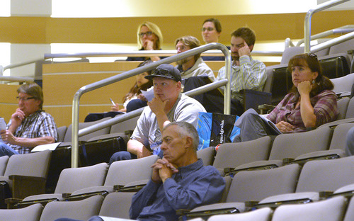 Leah Hogsten  |  The Salt Lake Tribune
Interested parties listen to the panelists from the Mountain Accord Stakeholder Forum process planning the future of the central Wasatch Mountains meeting to discuss idealized proposals for recreational, environmental, economical and transportational needs of the growing populace, Tuesday, October 14, 2014 at the Salt Lake City Library.
