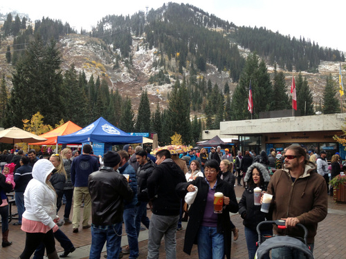 Rick Egan  |  The Salt Lake Tribune

Crowds brave the cold weather as they drink beer on the Snowbird Plaza on the last day of the nine-week Oktoberfest celebration at Snowbird, Sunday, October 12, 2014