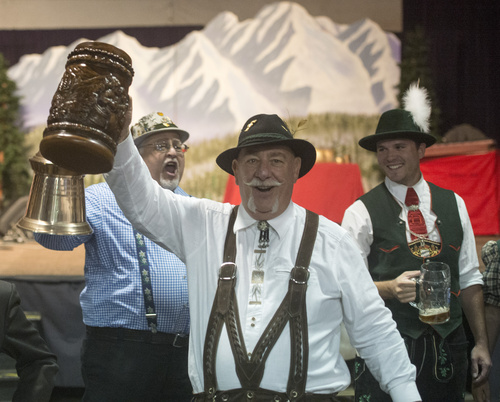 Rick Egan  |  The Salt Lake Tribune

Don Schrader, Woods Cross, leads the crowd in a song about beer on the last day of the nine-week Oktoberfest celebration at Snowbird, Sunday, October 12, 2014