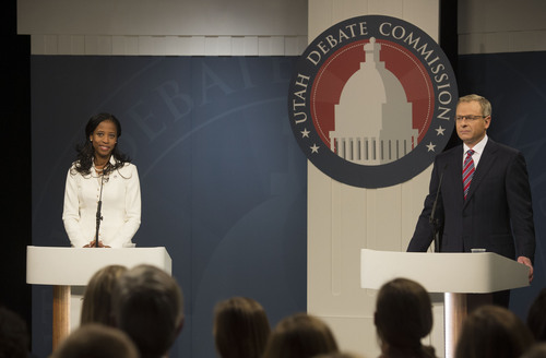 Steve Griffin  |  The Salt Lake Tribune


Mia Love and Doug Owens, running in the 4th District, debate in Utah's premier congressional matchup at the Dolores Doré Eccles Broadcast Center on the University of Utah campus in Salt Lake City, Tuesday, October 14, 2014.