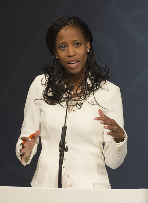 Steve Griffin  |  The Salt Lake Tribune


Mia Love addresses the audience as she debates Doug Owens, in Utah's premier congressional matchup in the 4th district at the Dolores DorÈ Eccles Broadcast Center on the University of Utah campus in Salt Lake City, Tuesday, October 14, 2014.