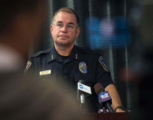 Steve Griffin  |  The Salt Lake Tribune


West Jordan Police Chief Doug Diamond answers questions after narrating the body camera video of an officer-involved shooting of Timothy Peterson on July 10, 2014 during a press conference at the West Jordan Justice Center in West Jordan, Utah Friday, October 3, 2014. Peterson was shot and wounded by police after pointing a metal bar, bent in the shape of a handgun, that had a laser pointer taped to the "barrel."