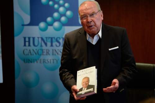 Francisco Kjolseth  |  The Salt Lake Tribune
Jon Huntsman Sr., holds a press conference to announce the release of Huntsman's autobiography, "Barefoot to Billionaire," followed by a book signing at Deseret Book in downtown Salt Lake City on Friday, Oct. 3. 2014.