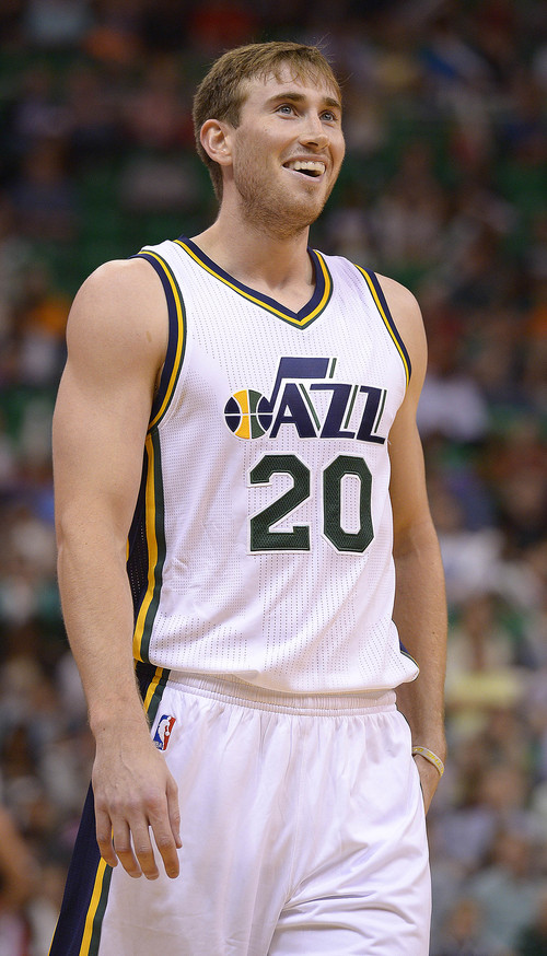 Leah Hogsten  |  The Salt Lake Tribune
Utah Jazz guard Gordon Hayward (20) shares a laugh with someone on the bench.  Utah Jazz lead the Portland Blazers 45-34 during Tuesday's, October 7, 2014 preseason opener at Energy Solutions Arena.