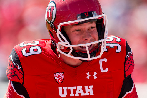 Trent Nelson  |  The Salt Lake Tribune
Utah Utes place kicker Andy Phillips (39) smiles after one of his kicks goes into the end zone as Utah hosts Fresno State, college football at Rice-Eccles Stadium Saturday September 6, 2014.