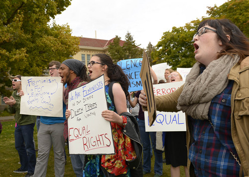 Leah Hogsten  |  The Salt Lake Tribune
Utah State University students and faculty rallied in support of feminist writer Anita Sarkeesian, who was supposed to address the campus until an author of an email threatened bloody mayhem on the campus if she was allowed to speak, Wednesday, October 15, 2014, outside the Glen Taggart Student Center on the campus of Utah State University.  Sarkeesian cancelled her appearance on both the threat ó and a state law that allows conceal-carry permit holders to be armed at events in public venues.