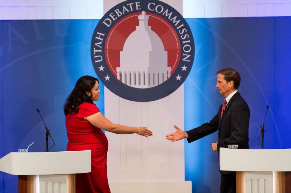 Trent Nelson  |  The Salt Lake Tribune
Rep. Chris Stewart and challenger Luz Robles, left, shake hands following their debate at Southern Utah University in Cedar City, Thursday September 25, 2014. The two are contending for Utah's 2nd Congressional District.