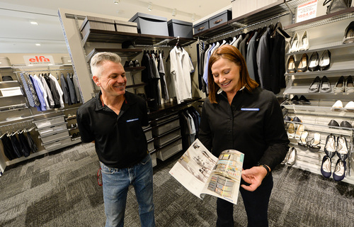 Francisco Kjolseth  |  The Salt Lake Tribune
Charlie Lyon,a  full-time sales representative, and Karen Hartman, new store sales and training support who is based in Virginia, geek out on some of the closet organizing options from The Container Store. The new store, set to open at Fashion Place Mall on Saturday, will be the first in Utah and number 68 for the popular nationwide chain that specializes in all things storage and organizing ideas for every room in the house.