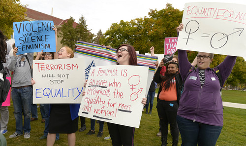 Leah Hogsten  |  The Salt Lake Tribune
Utah State University students and faculty rallied in support of feminist writer Anita Sarkeesian, who was supposed to address the campus until an author of an email threatened bloody mayhem on the campus if she was allowed to speak, Wednesday, October 15, 2014, outside the Glen Taggart Student Center on the campus of Utah State University.  Sarkeesian cancelled her appearance on both the threat -- and a state law that allows conceal-carry permit holders to be armed at events in public venues.
