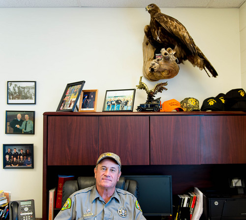 Trent Nelson  |  The Salt Lake Tribune
Garfield County Sheriff James "Danny" Perkins is a leading critic of BLM law enforcement. He says the federal agency's officers refuse to recognize the authority of rural sheriffs and coordinate with local law enforcement. Perkins was photographed in his Panguitch office, Friday September 12, 2014.