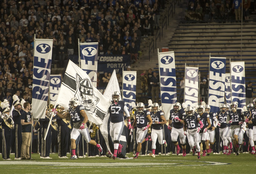 Rick Egan  |  The Salt Lake Tribune

The Cougars take to the field for the late night match-up ,BYU vs The Nevada Wolfpack at Lavell Edwards Stadium, Saturday, October18, 2014