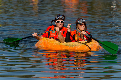 Trent Nelson  |  The Salt Lake Tribune
Chad Black and Carrie Fox at the 4th Annual Ginormous Pumpkin Regatta in Sugar House Park, Salt Lake City, Saturday October 18, 2014.