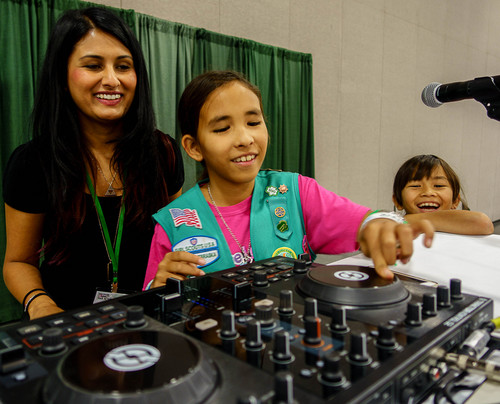 Trent Nelson  |  The Salt Lake Tribune
Miss Ninja teaches Crystal Craft and Jessica Craft how to DJ, at the 2014 Girl Scout Convention at the Salt Palace in Salt Lake City on Saturday.
