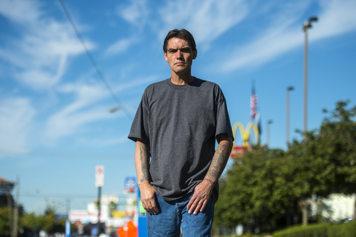Chris Detrick  |  The Salt Lake Tribune
Joseph Hardy poses for a portrait Wednesday October 8, 2014.  Hardy, who was homeless, now is in a program called Housing First, aimed at getting people into housing before counseling and job seeking.