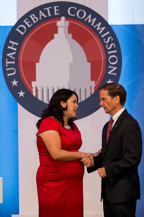 Trent Nelson  |  Tribune file photo
Rep. Chris Stewart and challenger Luz Robles, left, shake hands following their debate at Southern Utah University in Cedar City, Thursday September 25, 2014. The two are contending for Utah's 2nd Congressional District.