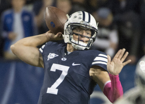 Rick Egan  |  The Salt Lake Tribune

Brigham Young quarterback Christian Stewart (7) throws the ball for the Cougars in the fourth quarter in BYU vs The Nevada Wolf Pack at LaVell Edwards Stadium, Saturday, October18, 2014.