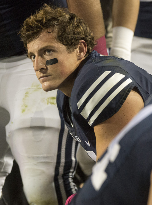 Rick Egan  |  The Salt Lake Tribune

Brigham Young quarterback Christian Stewart (7) watches the clock tick down after fumbling the ball with 39 seconds left to give Nevada a 42-35 win at LaVell Edwards Stadium, Saturday, October18, 2014.