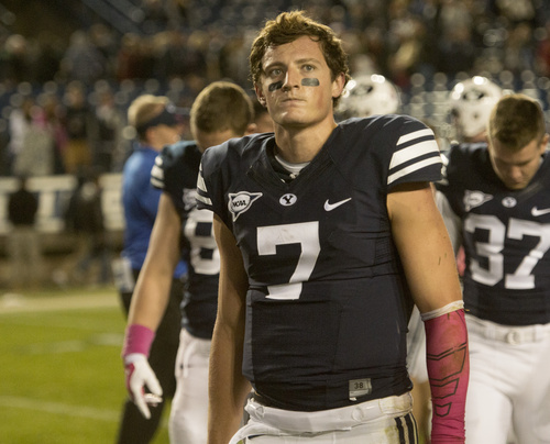 Rick Egan  |  The Salt Lake Tribune

Brigham Young Cougar quarterback Christian Stewart (7) leaves the field after losing to Nevada 42-35 in football action at LaVell Edwards Stadium, Saturday, October18, 2014.