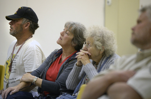 Al Hartmann  |  The Salt Lake Tribune
Residents of western Juab County listen to a U.S. Air Force representative's presentation at a public forum Monday Oct. 20, 2014, at West Desert High School in Partoun to discuss expanding the Utah Test and Training Range.
